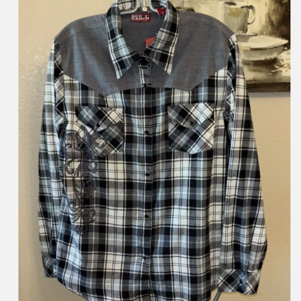 Womens Red Ranch Western Style Shirt M Black Grey Plaid Pearl Snap Embroidered